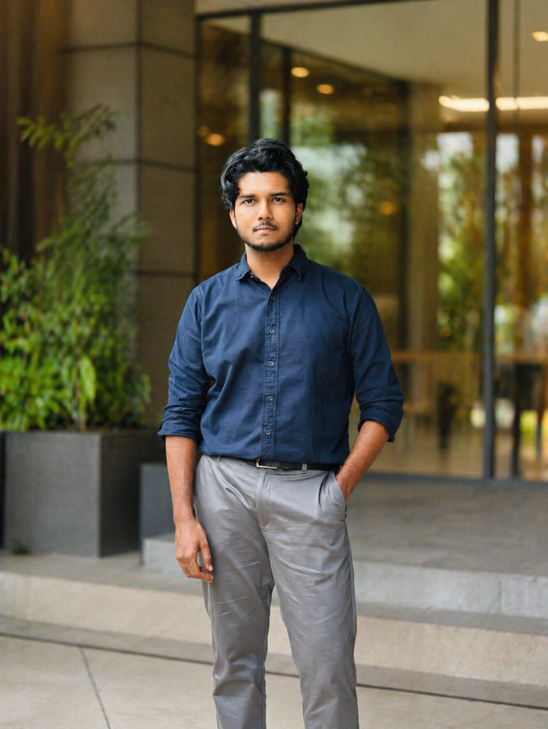 A man standing outside a workplace