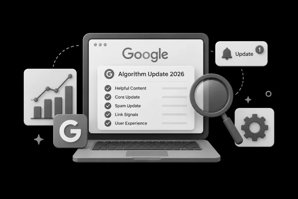Illustration of Google Algorithm Updates 2026 showing key SEO changes including Helpful Content, Core Update, Spam Update, link signals, and user experience.