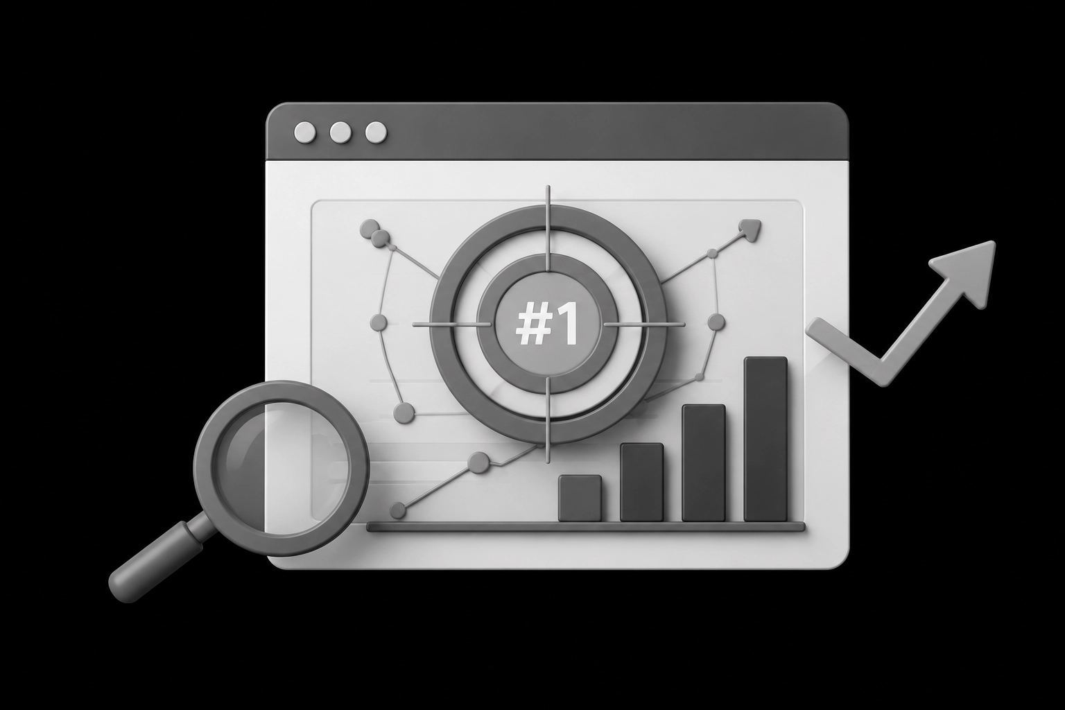 Monochrome 3D illustration of SEO analytics and website ranking growth, representing search engine optimization, Google rankings, and website performance improvement.