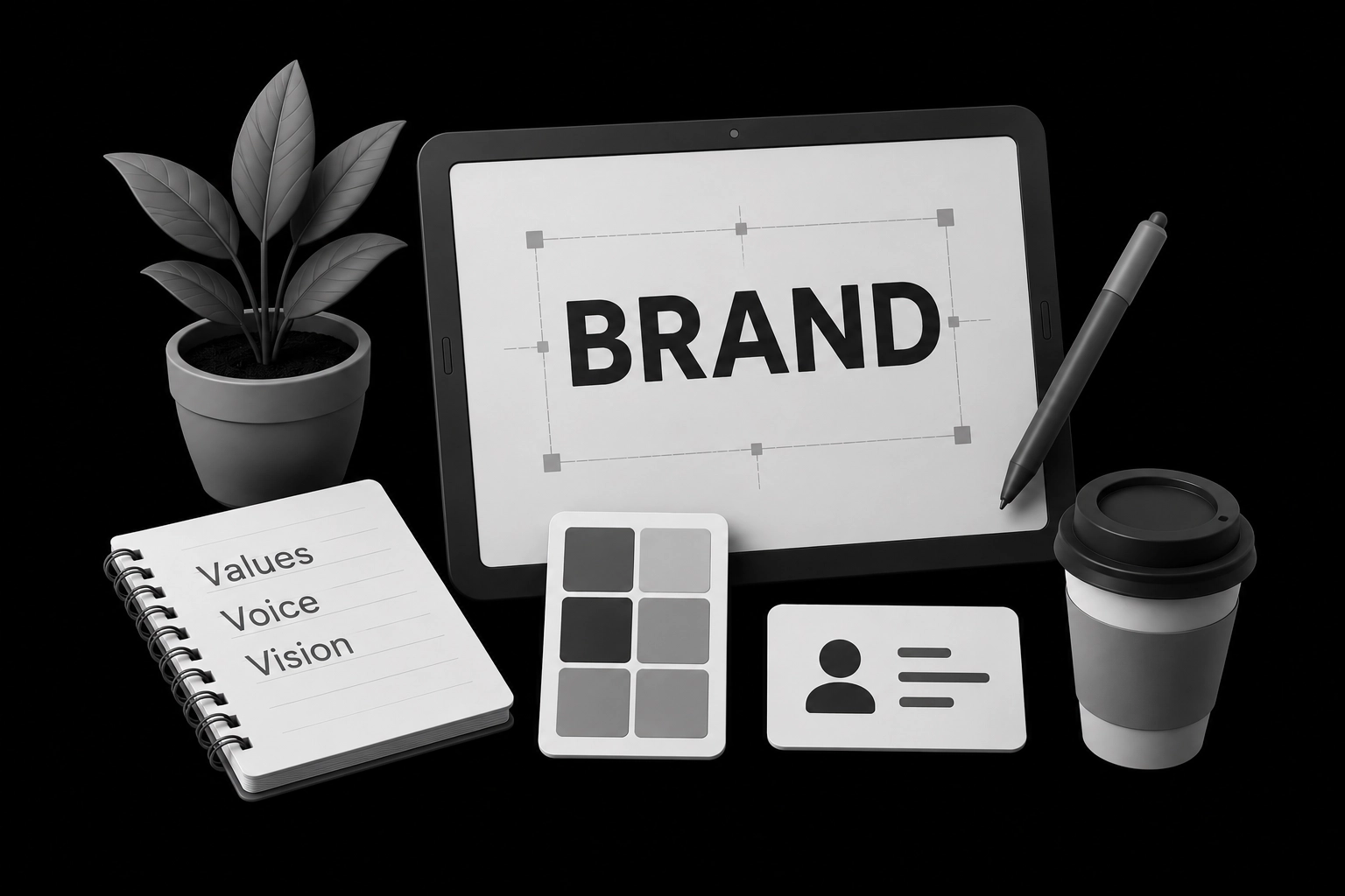 Monochrome 3D personal branding illustration representing brand identity, strategy, and content creation by a freelance content writer in Kerala.